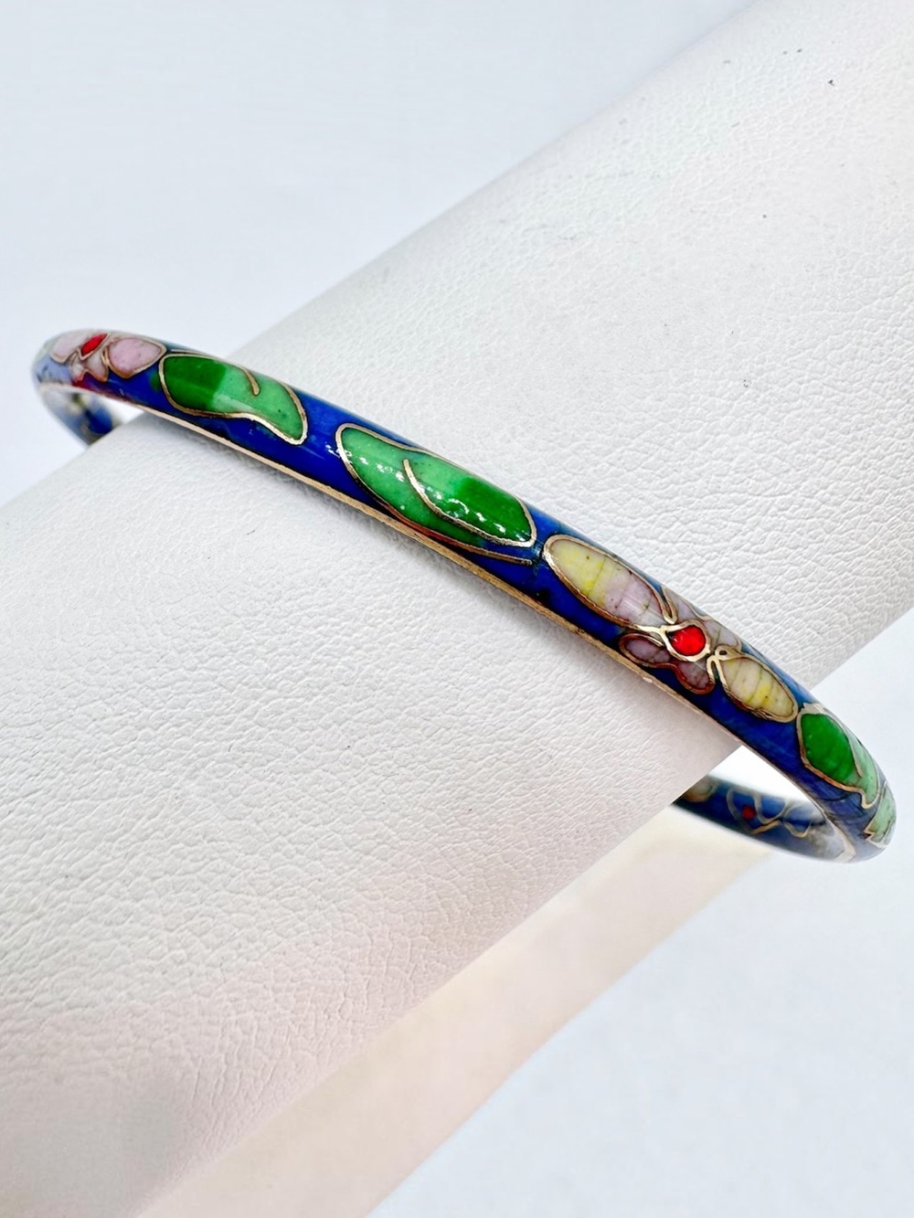 Vintage Blue Cloisonné Bangle Bracelet Pink Yellow Flowers Green Leaves 8”